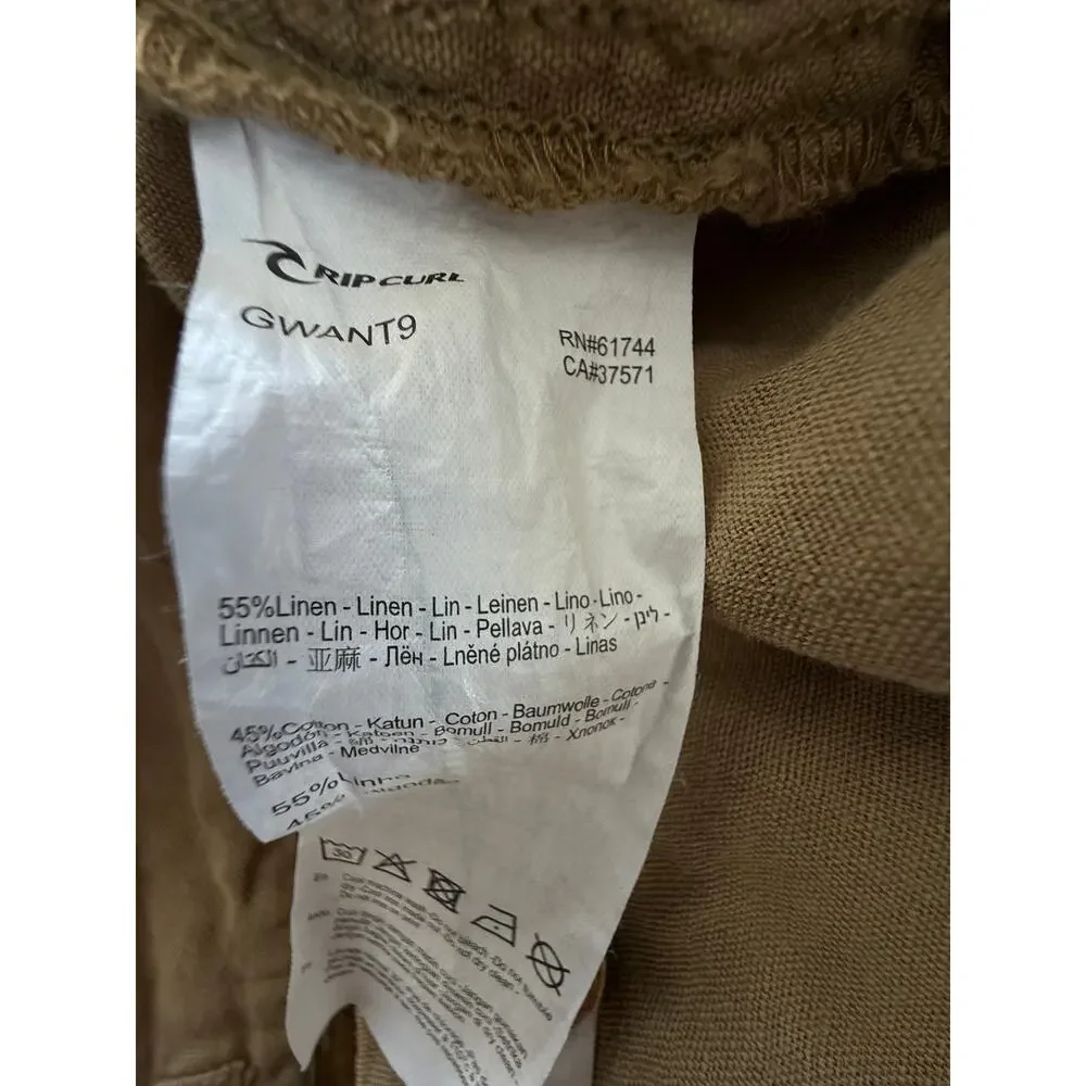 Rip Curl Summer Palm Linen Shorts High Rise Coconut Button Women's L Gold Beachy